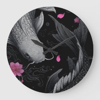 Grande Horloge Ronde Japonais Koi Fish mode foncé