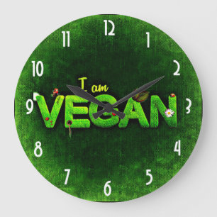 Grande Horloge Ronde Je suis végétalien écrit avec une texture herbeuse