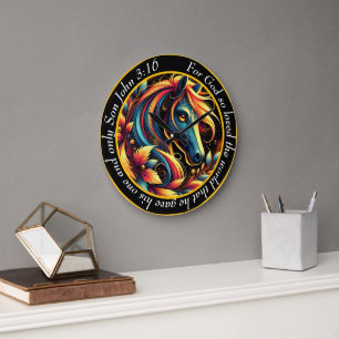 Grande Horloge Ronde Jean 3:16 Cheval Abstrait Bleu Chrétien Et Blanc
