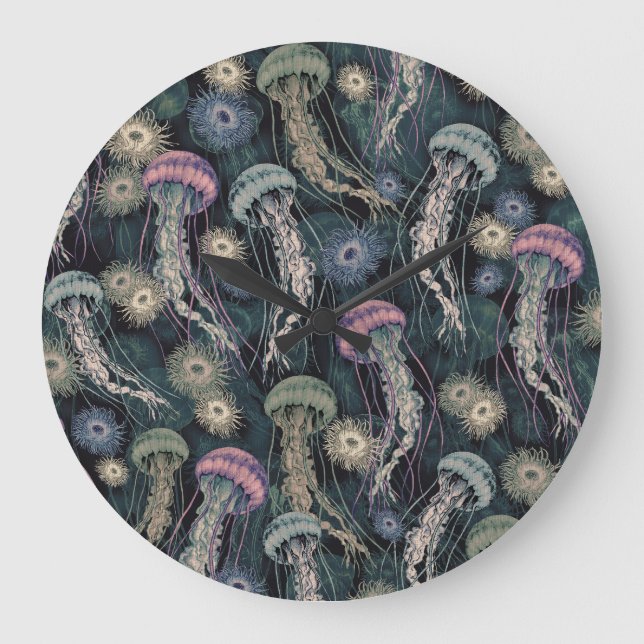 Grande Horloge Ronde Jellyfish et anémones éthériques en Turquoise et r (Recto)