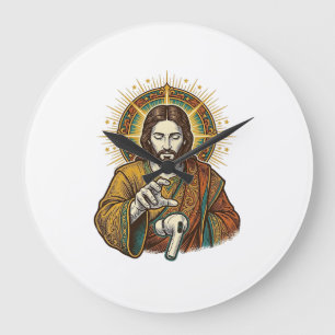 Grande Horloge Ronde Jésus a laissé tomber son écouteur sans fil sous l