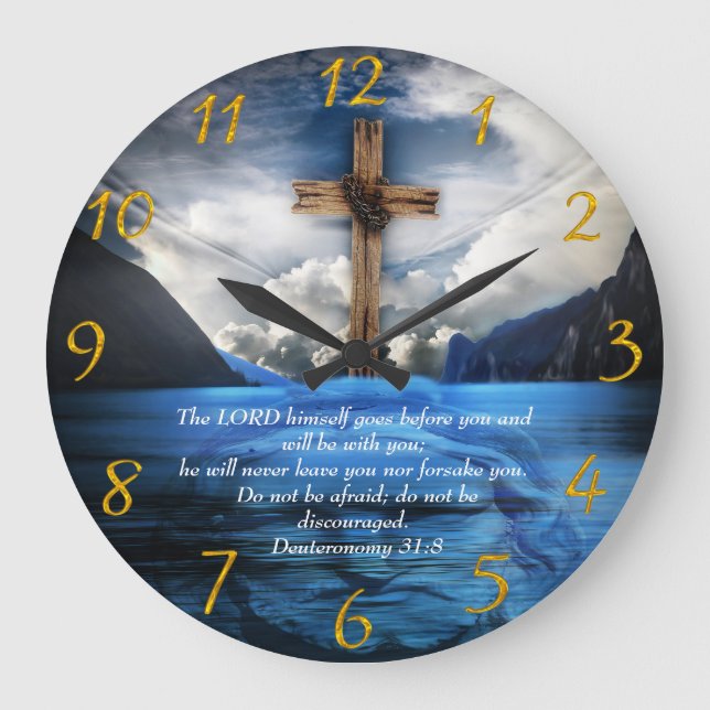 Grande Horloge Ronde Jésus dans l'eau ondulée Deutéronome 31:8 (Recto)