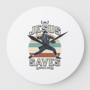 Grande Horloge Ronde Jésus Sauve Baseball Vintage Chrétien Vecteur Desi