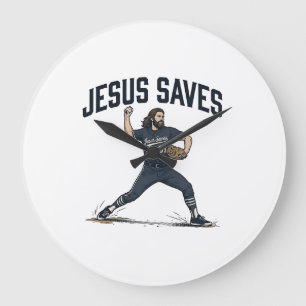 Grande Horloge Ronde Jésus Sauve Lanceur de Baseball Vintage Gravure Sh