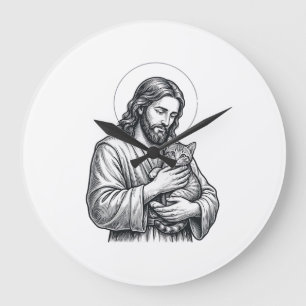 Grande Horloge Ronde Jésus vintage tenant un chat gravure graphique_1