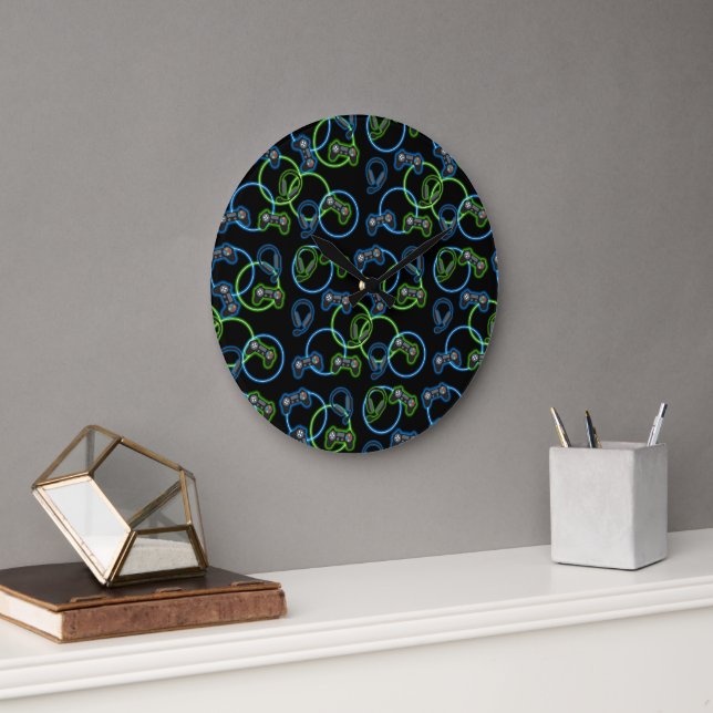 Grande Horloge Ronde Jeu vidéo Neon Blue & Green Motif (Bureau)