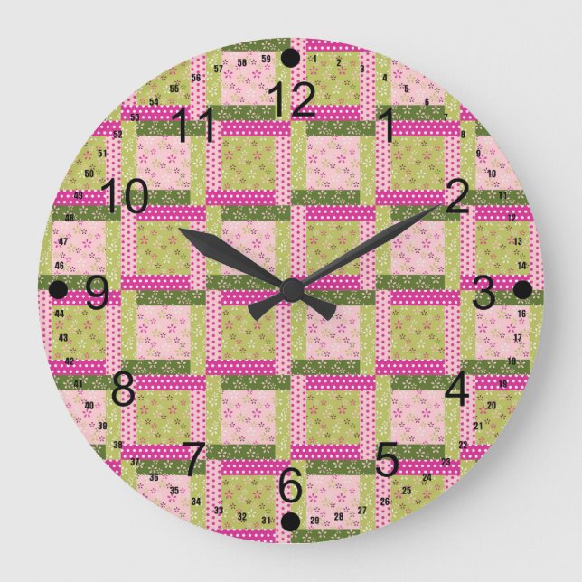Grande Horloge Ronde Joli Carré Patchwork rose Motif Quilt  (Recto)
