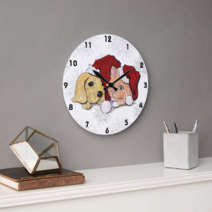 Grande Horloge Ronde Joli chiot Labrador de Noël et chat tigré orange