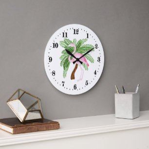 Grande Horloge Ronde Joli décor de flamingo rose de plage