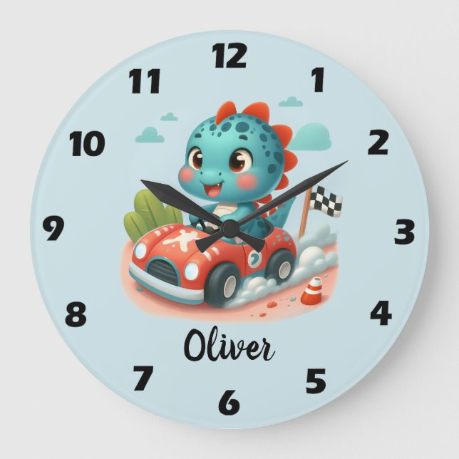 Grande Horloge Ronde Joli Dinosaure Conducteur de Voiture Rapide (Recto)