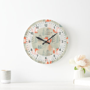 Grande Horloge Ronde Joli Doodle Fox Forest Motif de bois