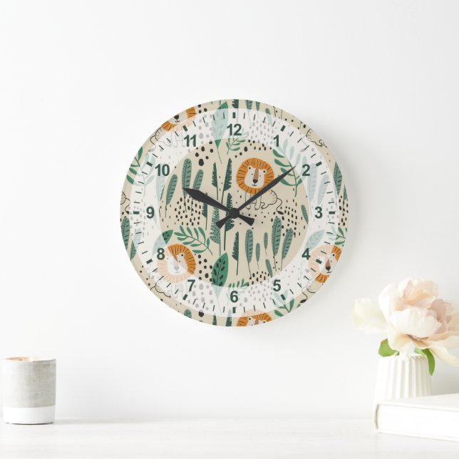 Grande Horloge Ronde Joli Doodle Lion Jungle Rainforest Motif (Maison)