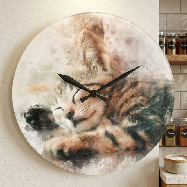 Grande Horloge Ronde Joli et mignon chaton dormant à l'aquarelle (Beautiful and cute kitten sleeping watercolor. large clock)