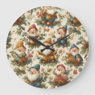 Grande Horloge Ronde Joli gnome et fleurs design