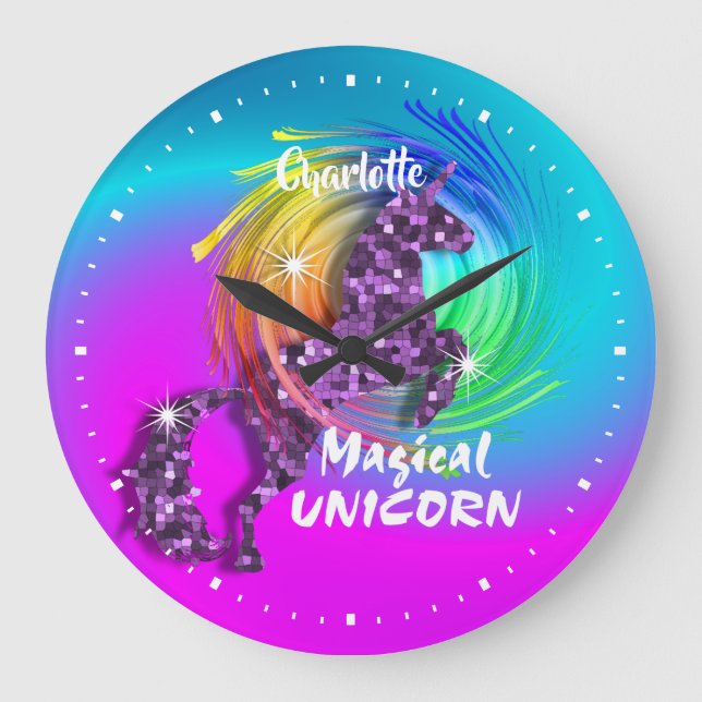 Grande Horloge Ronde Joli Imaginaire Rainbow Unicorn Personnalisé (Recto)