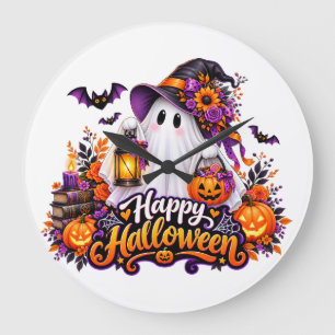 Grande Horloge Ronde Joli Joyeux Halloween Fantôme – Effrayant & Coloré