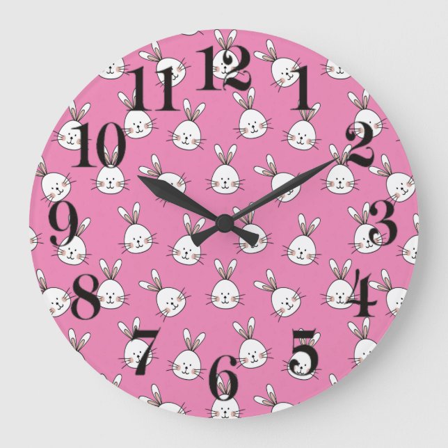 Grande Horloge Ronde Joli lapin blanc de Pâques rose (Recto)