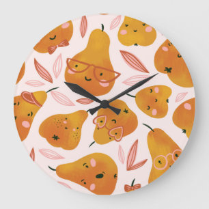 Grande Horloge Ronde Joli motif d'été aux poires orange.