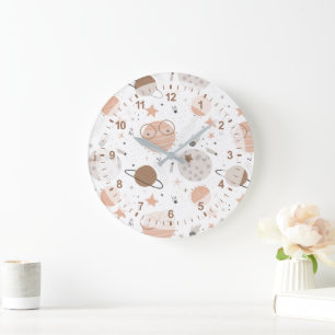 Grande Horloge Ronde Joli Motif Doodle Planet