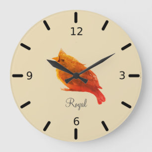 Grande Horloge Ronde Joli oiseau rouge royal sur Champagne Beige