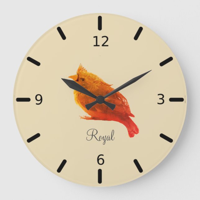 Grande Horloge Ronde Joli oiseau rouge royal sur Champagne Beige (Recto)