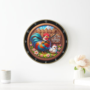 Grande Horloge Ronde Joli poulet et vieux coq.