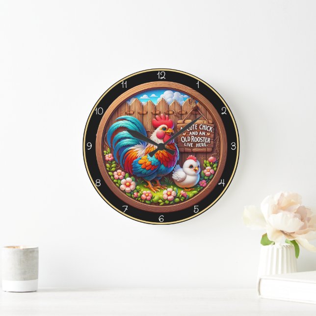 Grande Horloge Ronde Joli poulet et vieux coq. (Maison)