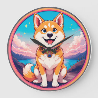 Grande Horloge Ronde Joli Puppy coloré dessin de style dessin animé