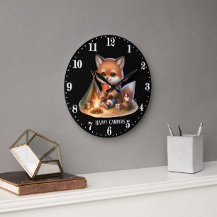 Grande Horloge Ronde Joli renard de camper joyeux ajouter du texte