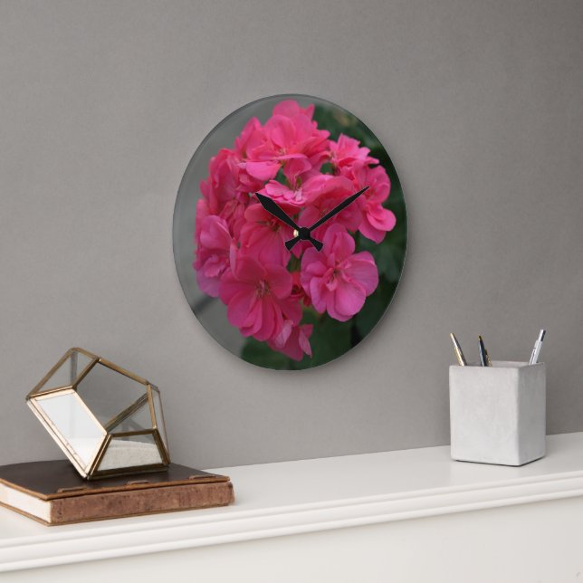 Grande Horloge Ronde Joli Rose Geranium Floral Pas de chiffres (Bureau)