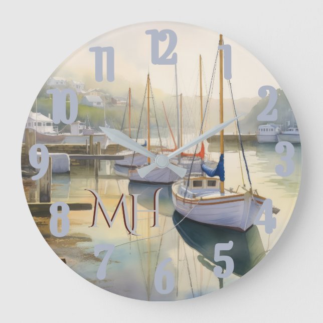 Grande Horloge Ronde Jolie aquarelle Monogramme nautique (Recto)