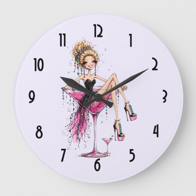 Grande Horloge Ronde Jolie femme aguicheuse dans un verre à Martini (Recto)
