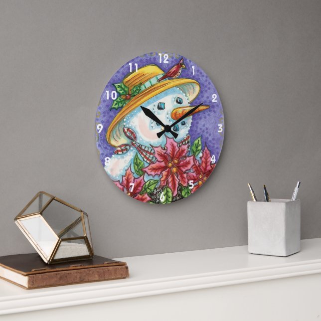Grande Horloge Ronde Jolie fille de Noël Snowman avec Poinsettia (Bureau)