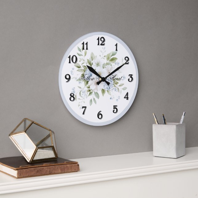 Grande Horloge Ronde Jolie florale blanche bleue (Bureau)
