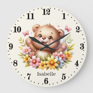 Grande Horloge Ronde Jolie petite fille ours ajouter le nom