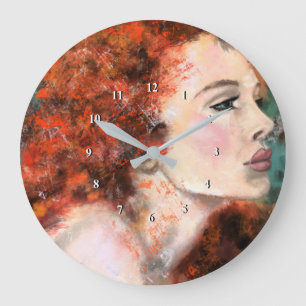 Grande Horloge Ronde Jolie rousse femme - peinture originale Abstraite 