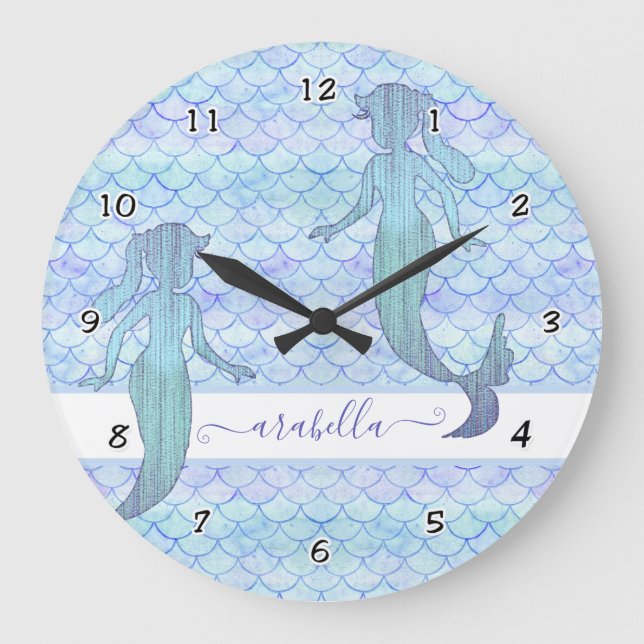 Grande Horloge Ronde Jolie Sirène Petit Fille Nom Motif Aquarelle (Recto)