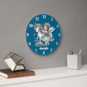 Grande Horloge Ronde Jolies filles imaginaire licorne fée ajouter nom