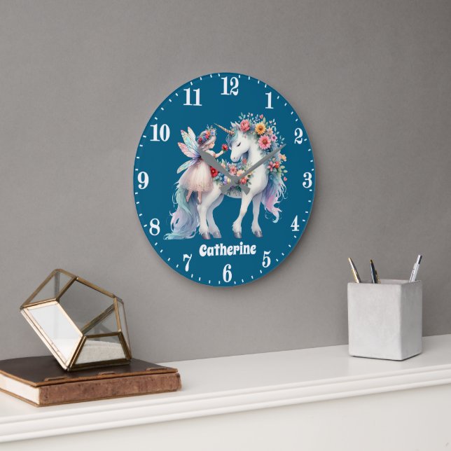 Grande Horloge Ronde Jolies filles imaginaire licorne fée ajouter nom (Bureau)