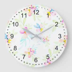 Grande Horloge Ronde Jolies fleurs aquarelles roses