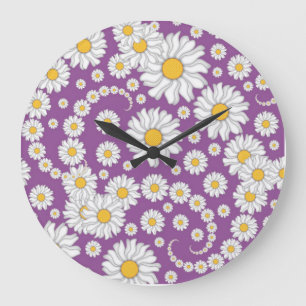 Grande Horloge Ronde Jolies marguerites blanches sur fond violet