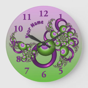 Grande Horloge Ronde Jolis cœurs verts roses modernes Fractale Nom
