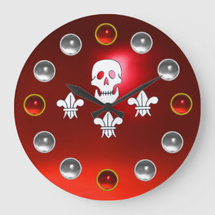 Grande Horloge Ronde JOLLY ROGER SKULL THREE LILIES FLAG Red White Gems