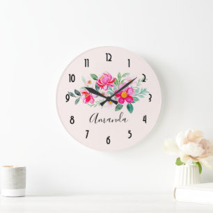 Grande Horloge Ronde Jouer Joli Bouquet de Fleur Rose