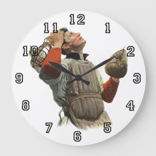 Grande Horloge Ronde Joueur de baseball sportif vintage, receveur regar