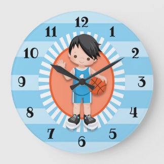 Grande Horloge Ronde Joueur de basket-ball de coiffeur noir