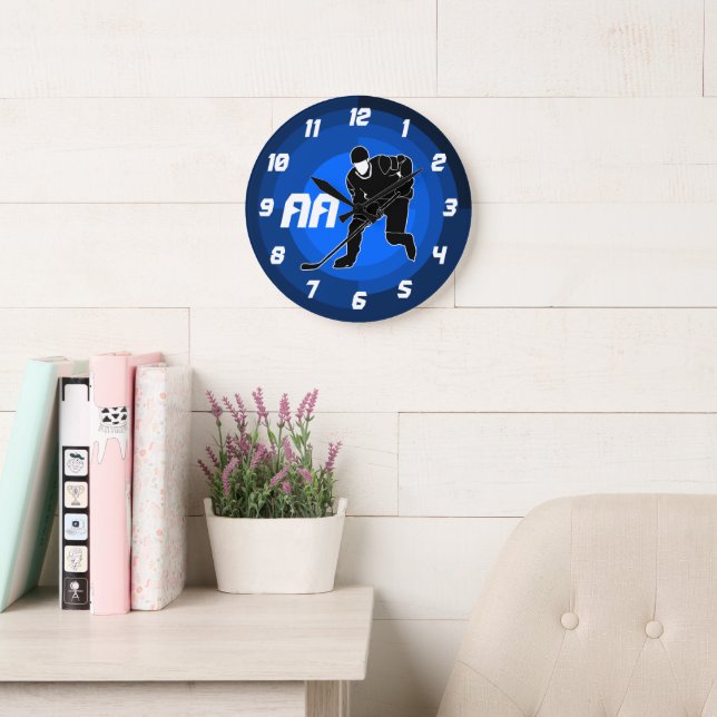 Grande Horloge Ronde Joueur de hockey bleu Silhouette (Salle de lecture)