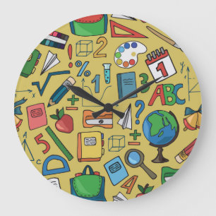 Grande Horloge Ronde Jours scolaires : Motif des fournitures Vintages