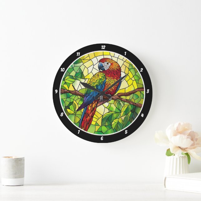 Grande Horloge Ronde Joyau de la Jungle" - Perroquet en verre (Maison)