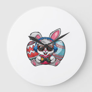 Grande Horloge Ronde Joyeuse fête de Pâques Lapin mignon jouant au jeu 